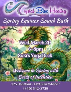 SUKI SPRING EQUINOX SOUND BATH    SAINT JOHN ISLAND GUIDE    CRYSTAL BLUE YOGA  MASSAGE